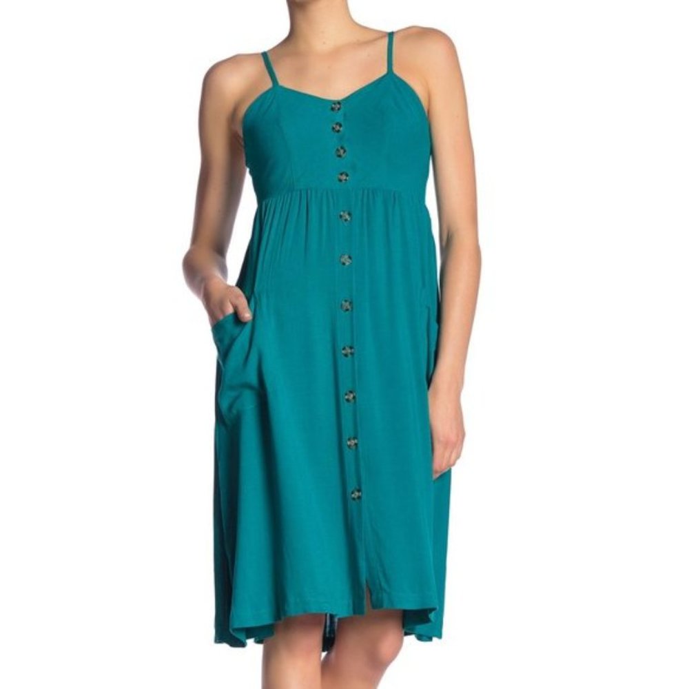Good Luck Gem Teal Button Front Midi Sundress with Pockets Size Medium